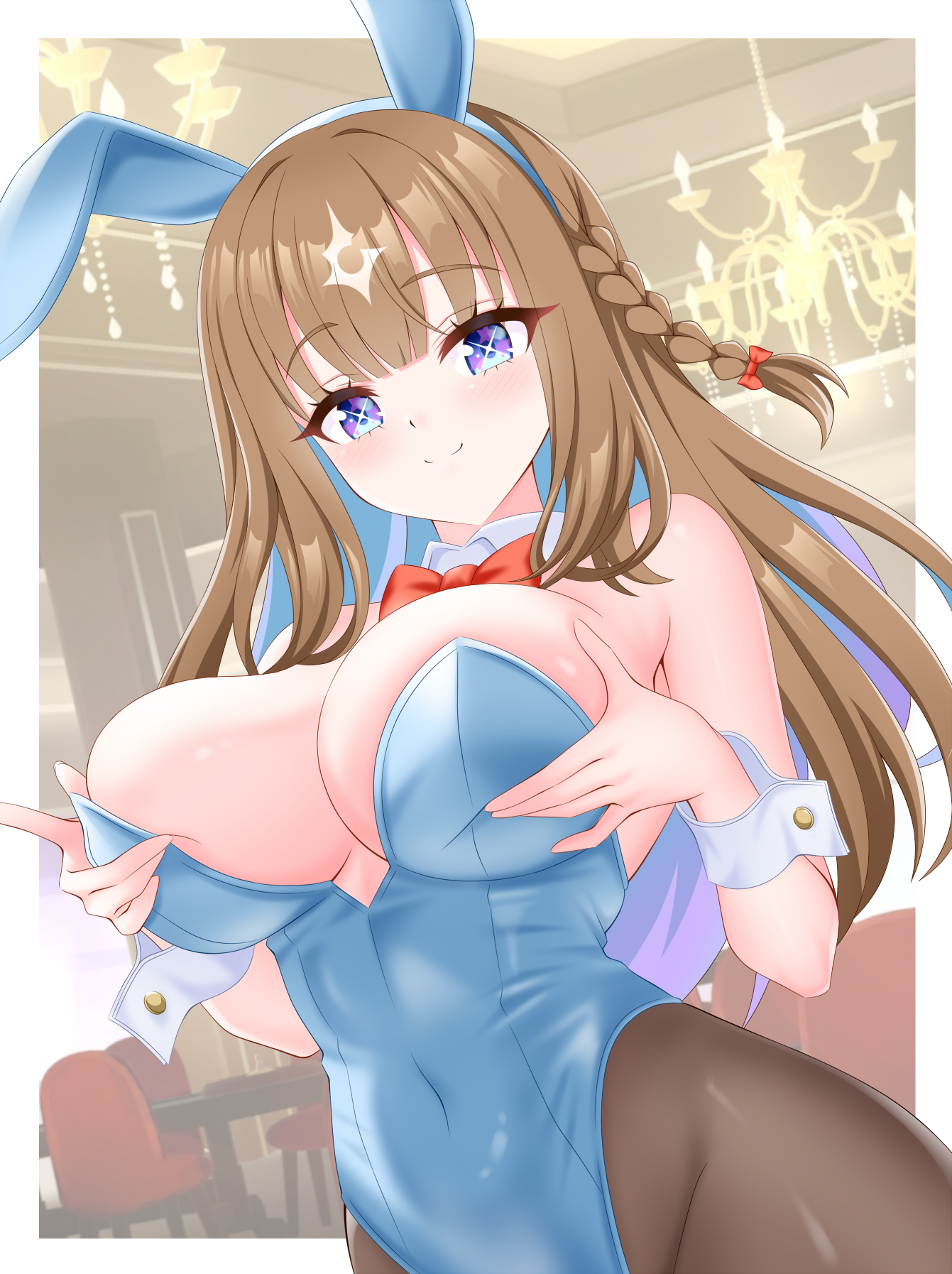 gurukorian, almond eye (umamusume), umamusume, commentary request, highres, 1girl, alternate costume, animal ear hairband, animal ears, bare shoulders, black pantyhose, blue eyes, blue leotard, blunt bangs, blush, bow, bowtie, braid, breasts, brown hair, cleavage, closed mouth, colored inner hair, covered navel, cowboy shot, detached collar, fake animal ears, grabbing own breast, groin, hair ornament, hairband, highleg, highleg leotard, horse girl, indoors, large breasts, leotard, long hair, looking at viewer, multicolored hair, pantyhose, playboy bunny, rabbit ear hairband, rabbit ears, sidelocks, smile, solo, standing, strapless, strapless leotard, symbol-shaped pupils, white wrist cuffs, wrist cuffs, x-shaped pupils
