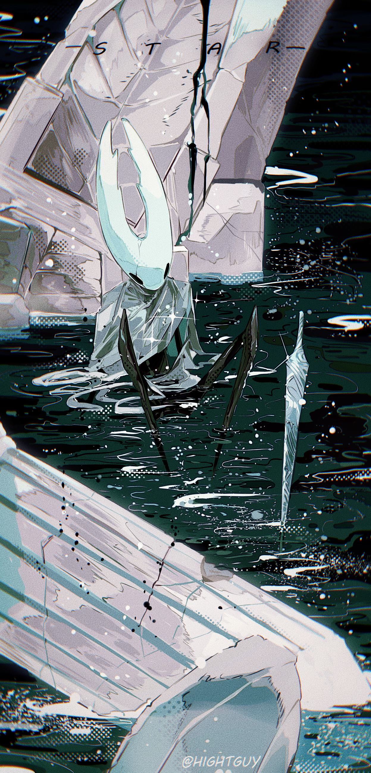 hightguy, hollow knight (character), hollow knight, absurdres, chinese commentary, commentary request, highres, 1other, artist name, black skin, broken pillar, bug, chromatic aberration, cloak, colored skin, cracked mask, english text, film grain, green water, grey cloak, halftone, hollow eyes, horned mask, lake, leaning on object, looking at object, mask, pillar, planted, planted sword, planted weapon, rock, ruins, signature, sitting, solo, sparkle, stone pillar, sword, twitter username, water, weapon, white mask