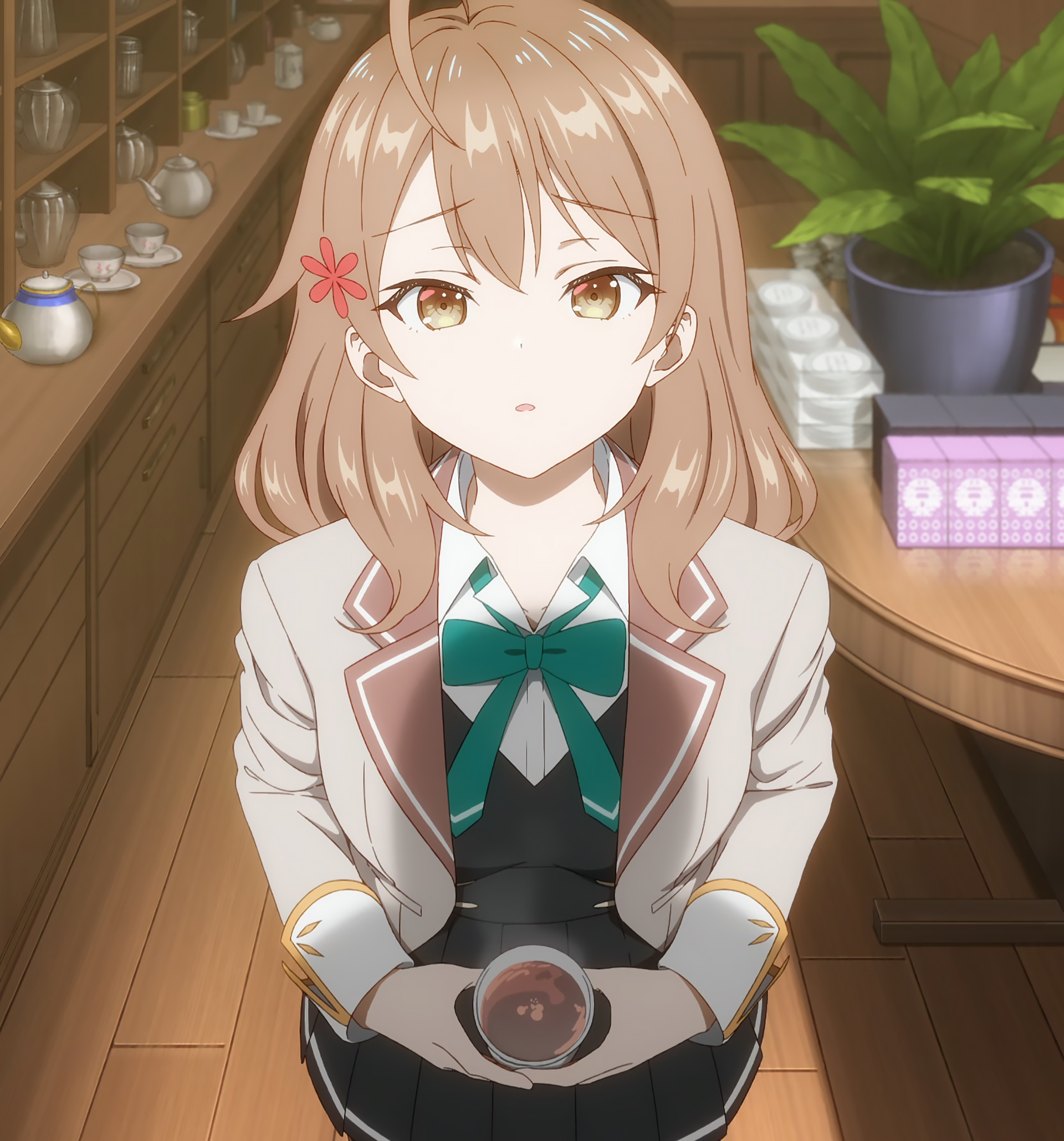 mariya mikhailovna kujou, tokidoki bosotto roshia-go de dereru tonari no alya-san, absurdres, anime screenshot, highres, 1girl, black skirt, black vest, blazer, bow, bowtie, breasts, brown eyes, brown hair, brown jacket, collarbone, collared shirt, cup, dot nose, female focus, flower, flower on head, green bow, green bowtie, hair flower, hair ornament, holding, holding cup, indoors, jacket, large breasts, long hair, long sleeves, looking at viewer, miniskirt, open mouth, plant, pleated skirt, red flower, school uniform, seiren academy school uniform, shadow, shirt, shirt under vest, skirt, solo, solo focus, table, teacup, vest, white shirt, wooden floor, wooden table, worried