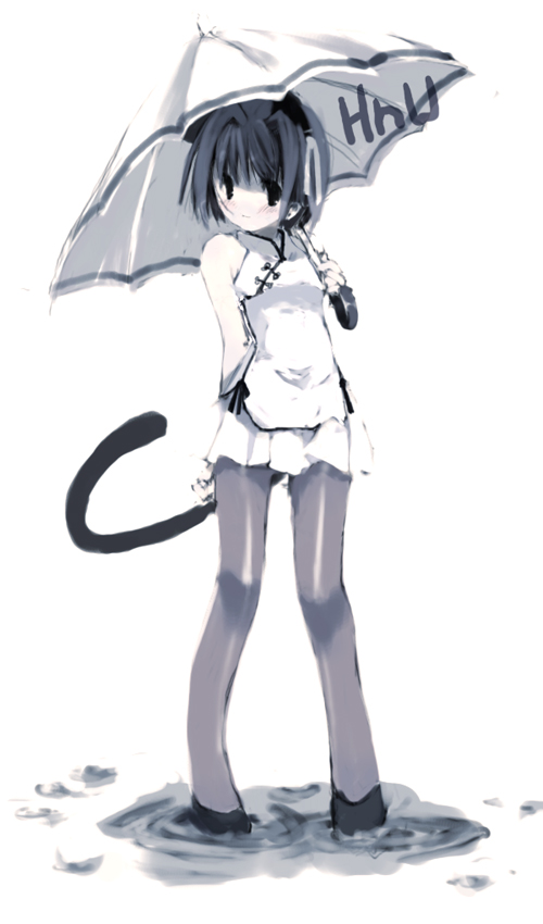 ganges gawa, ganges river, 1girl, animal ears, black shoes, cat ears, cat tail, female focus, pantyhose, shoes, solo, tail, umbrella