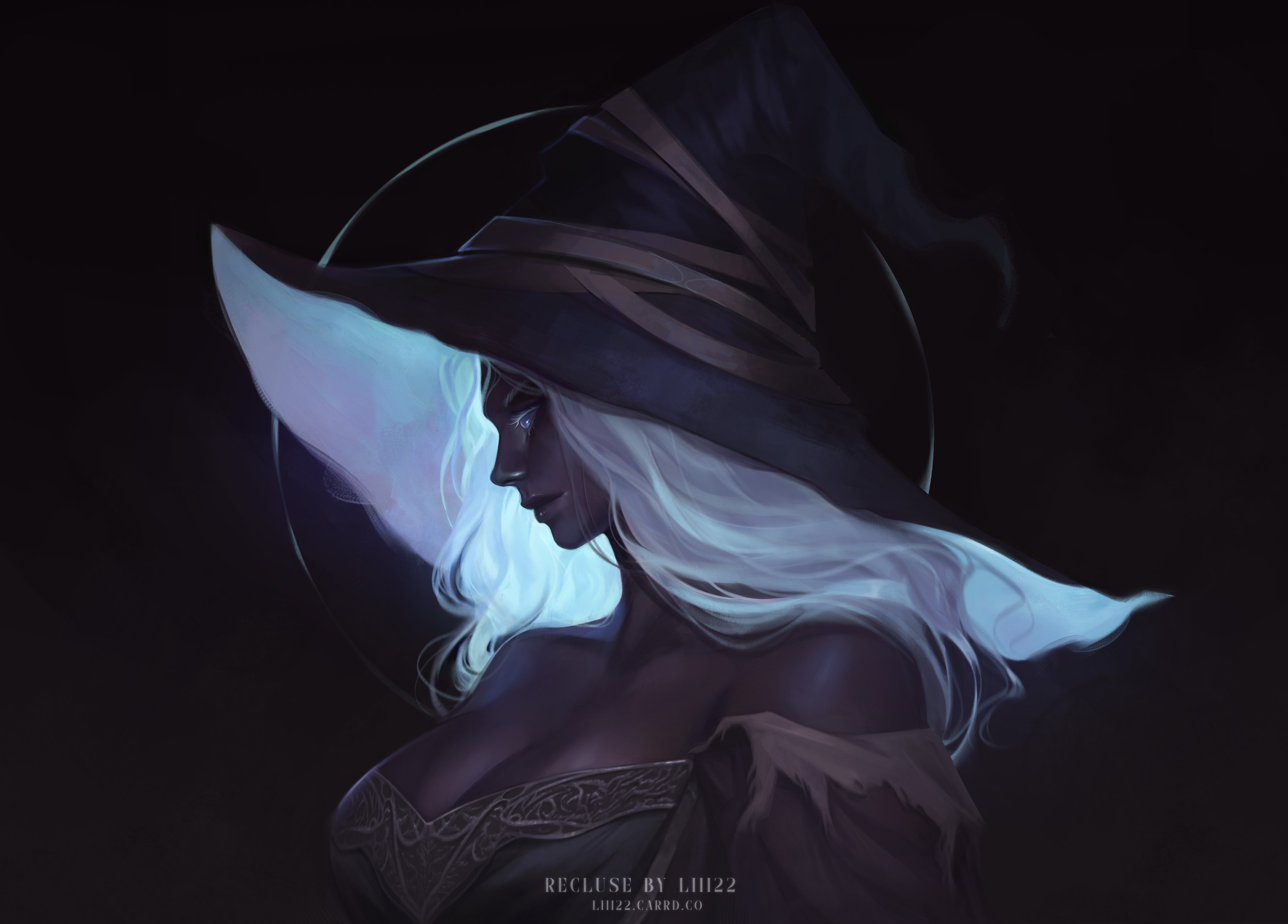 recluse (elden ring), elden ring, elden ring nightreign, absurdres, highres, artist name, black background, black dress, blue eyes, closed mouth, colored eyelashes, dark-skinned female, dark skin, dress, from side, hat, liiina222, off-shoulder dress, off shoulder, simple background, smile, strapless, strapless dress, upper body, very dark skin, white eyelashes, white hair, witch, witch hat
