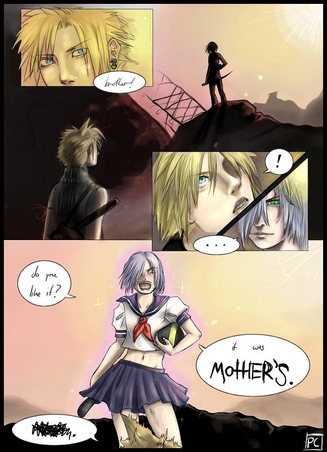 cloud strife, kadaj, final fantasy, final fantasy vii, final fantasy vii advent children, artist request, source request, !, …, 2boys, comic, crossdressing, crossdressing (mtf), english text, male focus, multiple boys, parody, school uniform, serafuku, spoken ellipsis, squiggle, what