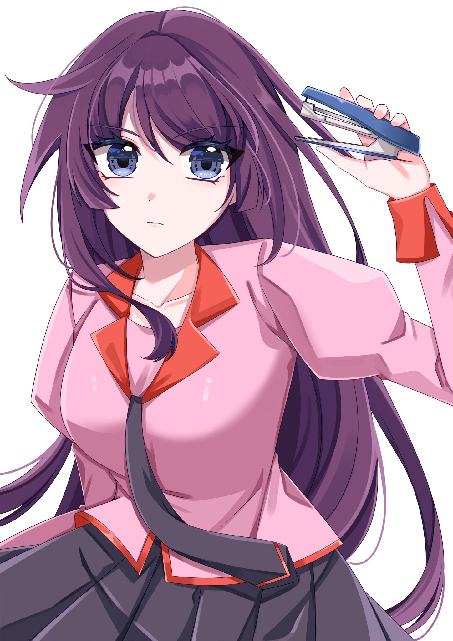 jmfz5558, senjougahara hitagi, bakemonogatari, monogatari (series), hashtag-only commentary, highres, 1girl, black necktie, black skirt, blue eyes, breasts, closed mouth, collarbone, cowboy shot, holding, juliet sleeves, long hair, long sleeves, looking at viewer, medium breasts, naoetsu high school uniform, necktie, pink shirt, pleated skirt, puffy sleeves, purple hair, school uniform, shirt, simple background, skirt, solo, stapler, very long hair, white background