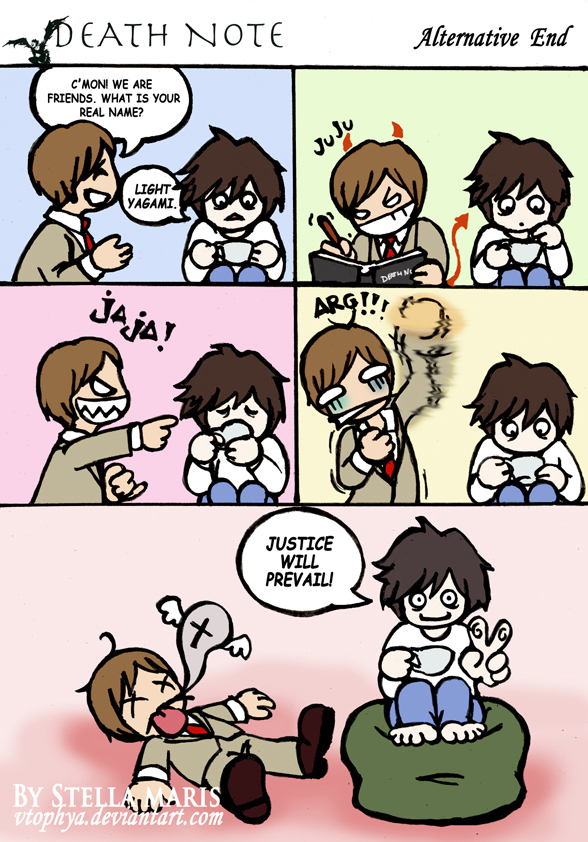vtophya, l (death note), yagami light, death note, 2boys, chibi, comic, death, death note (object), english text, happy, looking at viewer, multiple boys, parody, smile
