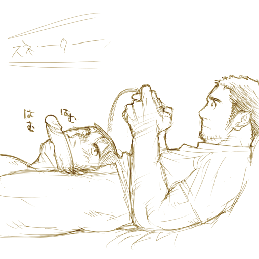 metal gear (series), 2boys, controller, fellatio, game console, game controller, male focus, monochrome, multiple boys, multitasking, oral, penis, simple background, uncensored, white background, yaoi