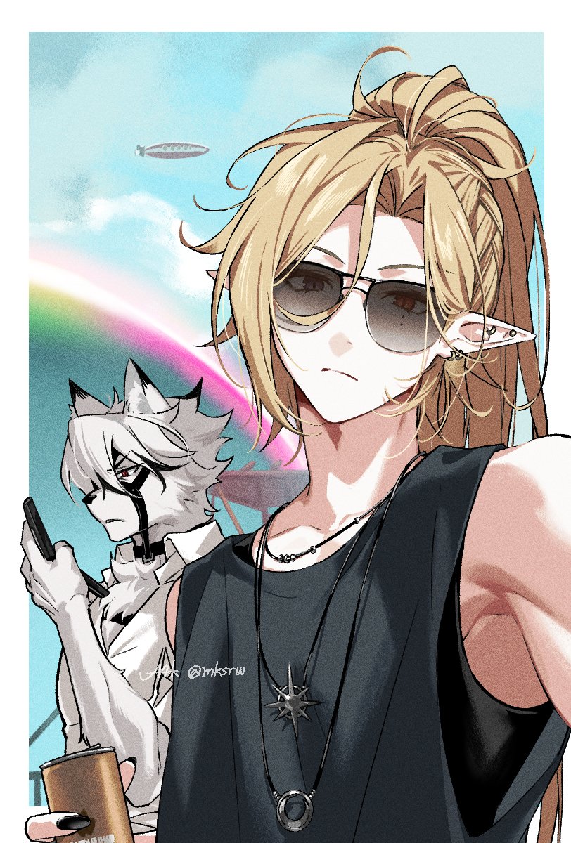 maka (mksrw), hugo vlad, von lycaon, zenless zone zero, commentary, highres, symbol-only commentary, 2boys, aircraft, alternate costume, alternate hairstyle, black tank top, blonde hair, can, closed mouth, collarbone, day, dirigible, ear piercing, earrings, expressionless, gold earrings, grey eyes, hair behind ear, heterochromia, high ponytail, holding, holding can, holding phone, hollow (zenless zone zero), jewelry, long hair, looking at viewer, male focus, mole, mole under eye, multiple boys, necklace, parted bangs, phone, piercing, pointy ears, ponytail, red eyes, sidelocks, simple background, sunglasses, tank top, upper body, white background