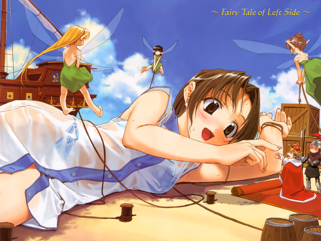 hidari (left side), gulliver (eureka seven), fairy tale of left side, gulliver's travels, 2boys, 4girls, armor, barefoot, barrel, bdsm, black hair, blonde hair, blush, bondage, bound, bra, brown eyes, brown hair, cape, cloud, copyright name, crate, crown, day, facial hair, fairy, flying, fur-trimmed cape, fur trim, giant, giantess, hair bun, halberd, king, lingerie, loli, long pointy ears, lying, mini person, miniboy, minigirl, multiple boys, multiple girls, mustache, on floor, on side, outdoors, panties, pointy ears, polearm, red cape, red carpet, rope, sailing ship, see-through clothes, ship, ship mast, side-tie panties, size difference, sky, smile, standing, tied up (nonsexual), underwear, watercraft, weapon, wet, wet clothes