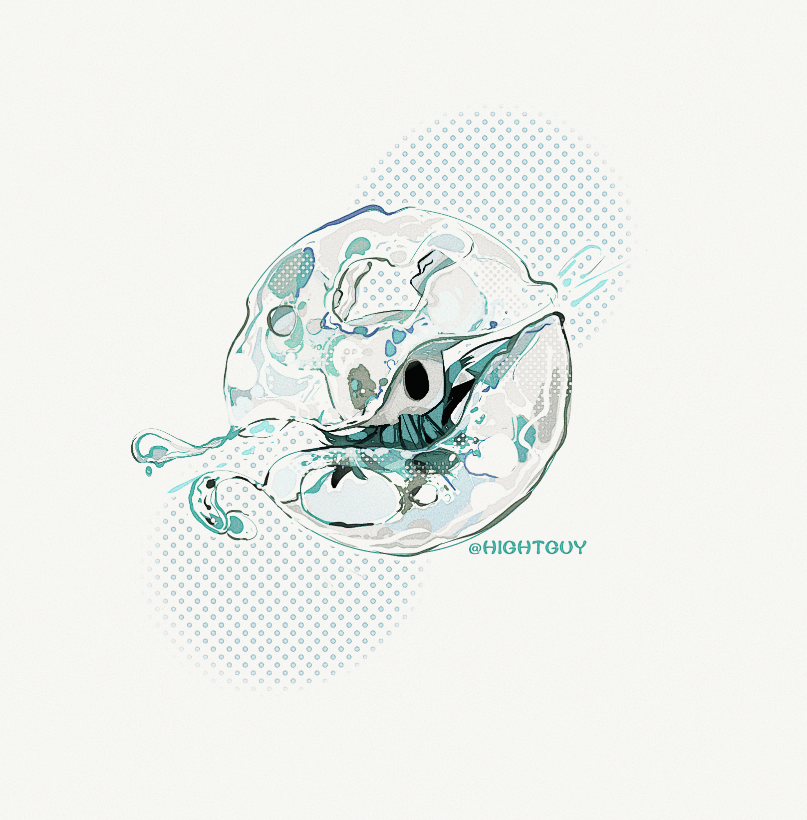 hightguy, knight (hollow knight), hollow knight, chinese commentary, commentary request, highres, 1other, artist name, film grain, full body, grey cloak, halftone, halftone background, holding, holding weapon, hollow eyes, horns, in bubble, looking at viewer, nail (hollow knight), other focus, simple background, solo, swinging weapon, weapon, white background