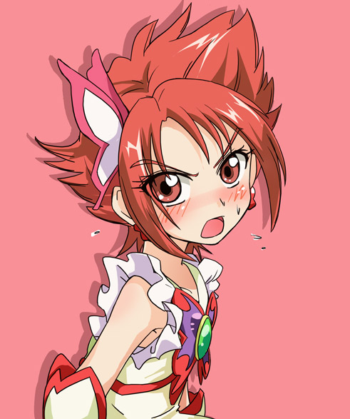 cure rouge, natsuki rin, precure, yes! precure 5, 00s, 1girl, blush, eyelashes, female focus, magical girl, red eyes, red hair, red theme, solo