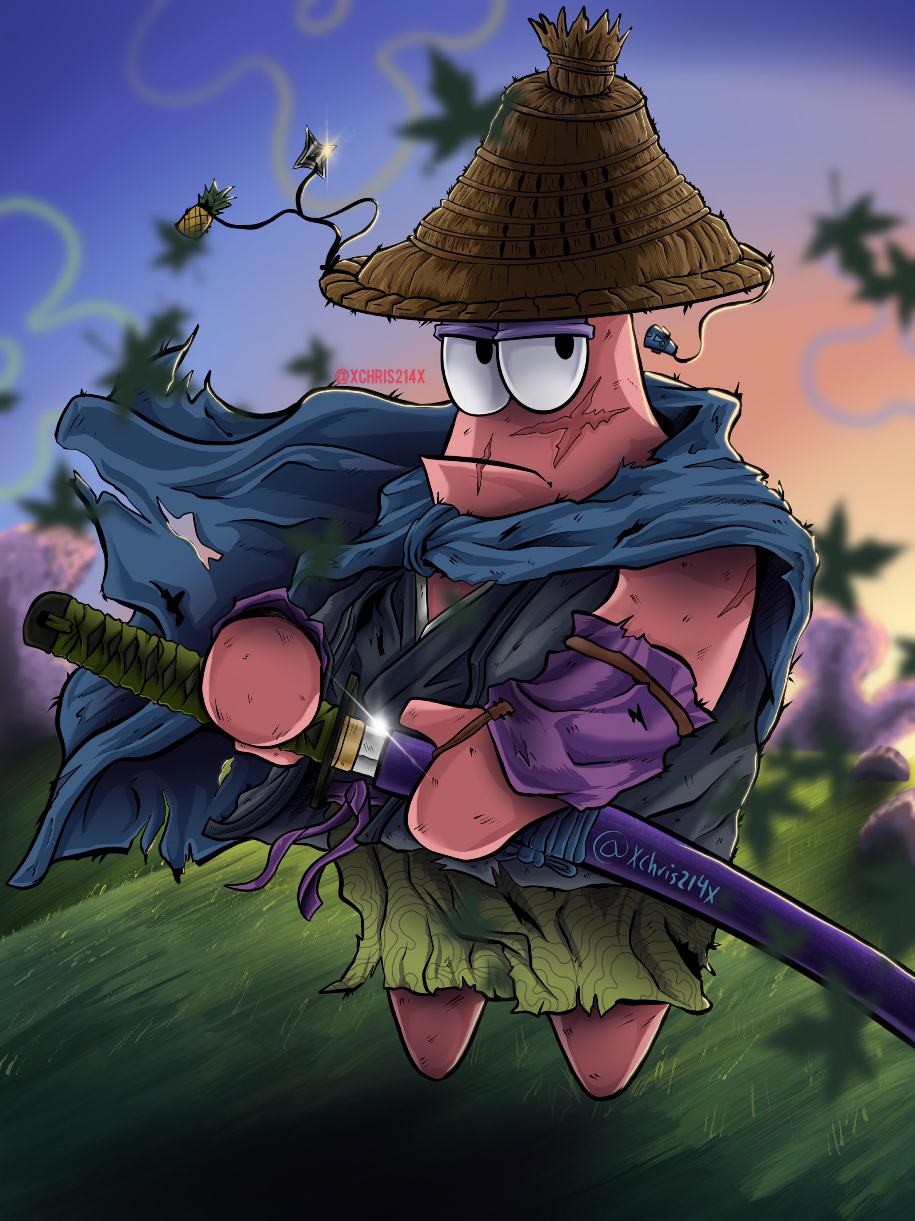 patrick star, nickelodeon, spongebob squarepants (series), absurdres, highres, 1boy, blurry, blurry background, cape, colored skin, food, fruit, hat, holding, holding sword, holding weapon, katana, male focus, pineapple, pink skin, rice hat, samurai, scar, scar on face, starfish, sword, toon (style), weapon, xchris214x