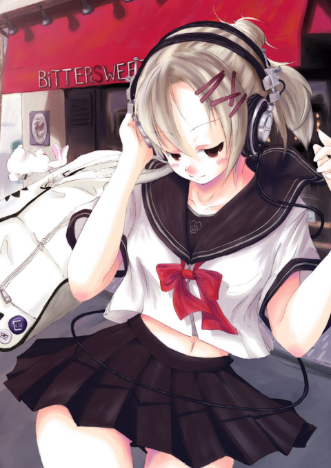 haya, 1girl, female focus, headphones, midriff, ponytail, school uniform, serafuku, solo