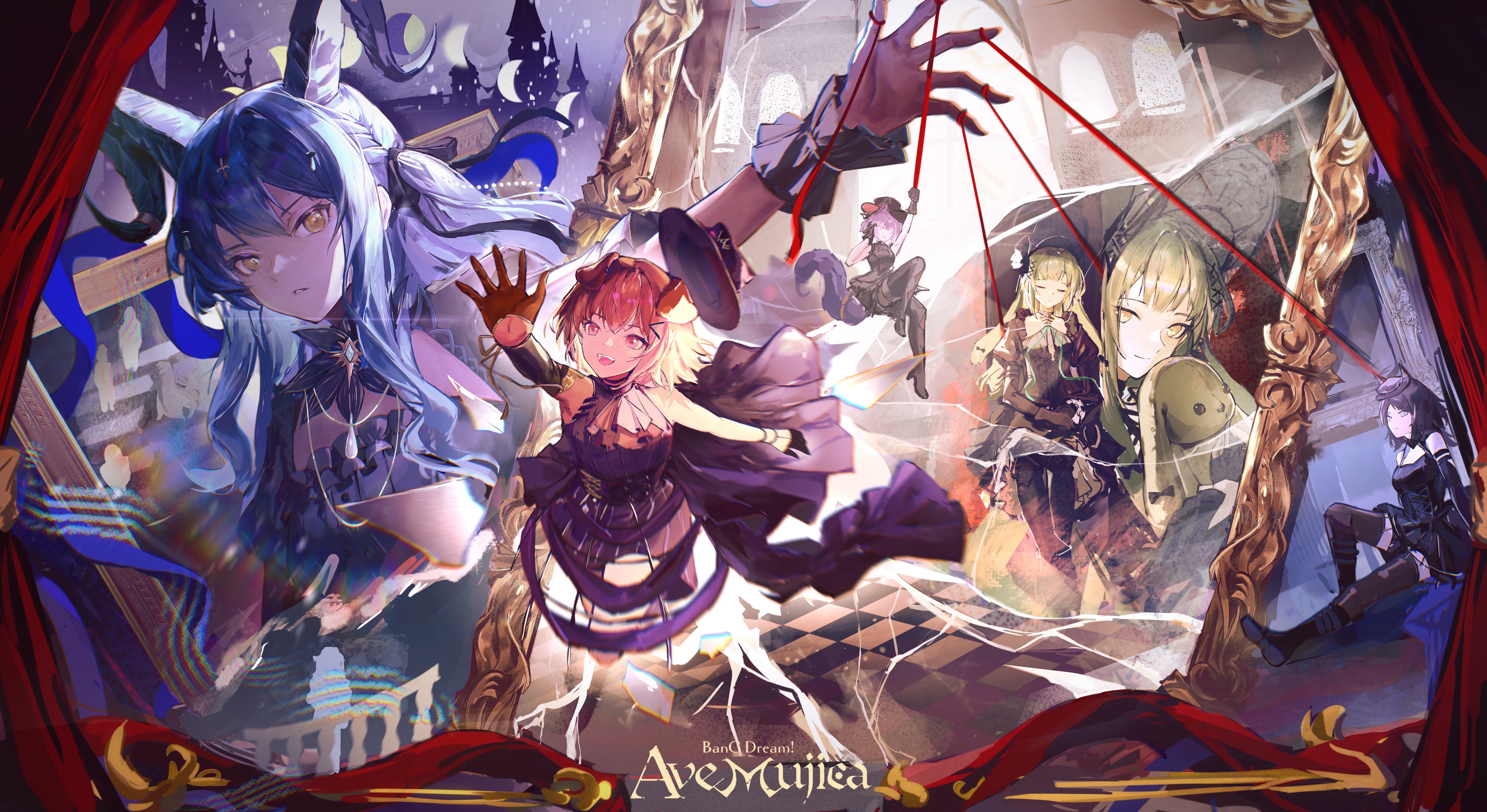 misumi uika, togawa sakiko, wakaba mutsumi, yahata umiri, yuutenji nyamu, arknights, ave mujica (bang dream!), bang dream!, bang dream! it's mygo!!!!!, absurdres, highres, 5girls, animal ears, black dress, black hair, black hat, black thighhighs, blonde hair, blue hair, bonnet, brown gloves, copyright name, curled horns, curtains, dog ears, dress, fuyingyangdeqi, gloves, green hair, group name, hat, horns, misumi uika (caged singer), multiple girls, outstretched arms, outstretched hand, picture frame, purple hair, stuffed animal, stuffed toy, tail, thighhighs, togawa sakiko (master of melodia), wakaba mutsumi (marionette's id), yahata umiri (moonlight executioner), yellow eyes, yuutenji nyamu (magician of passion)
