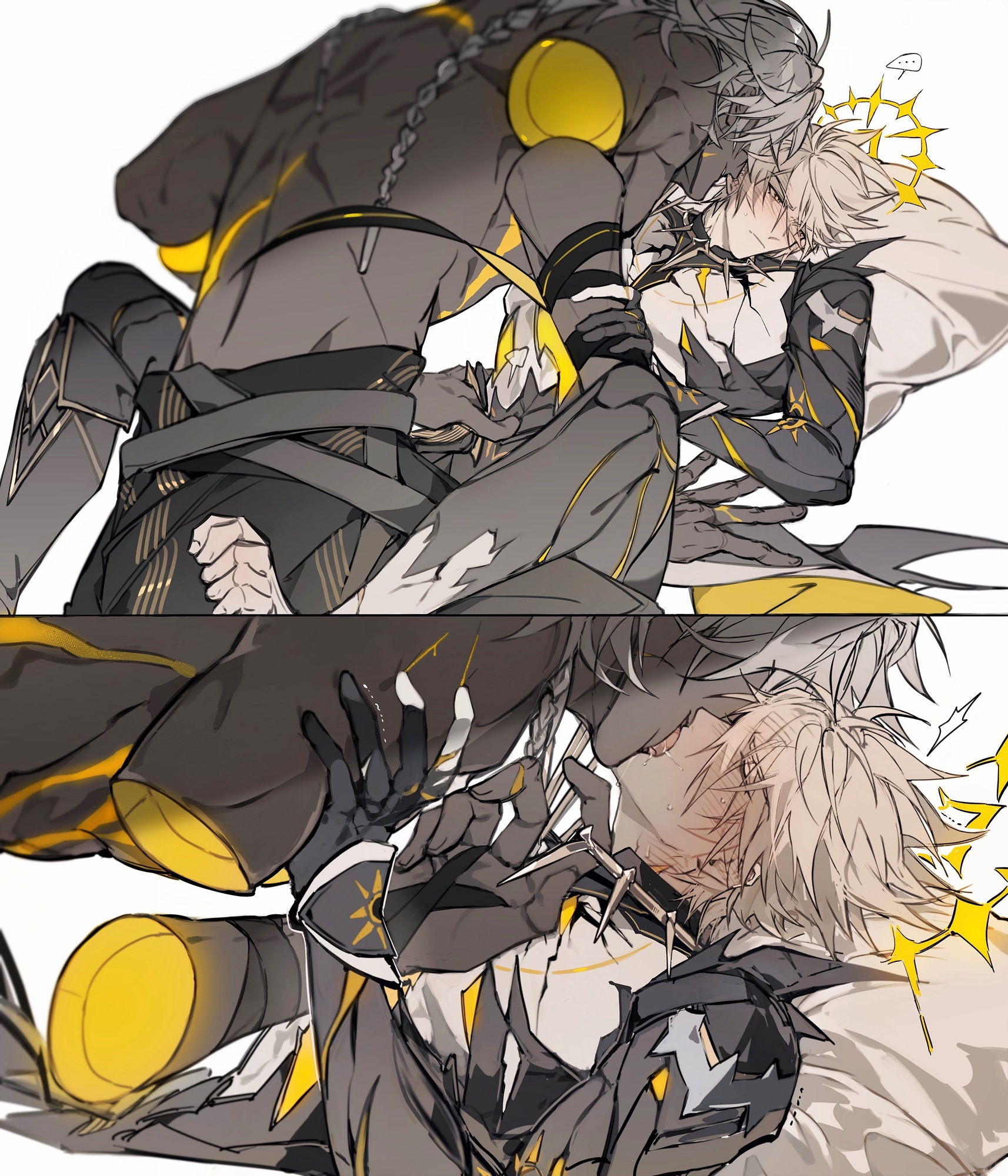 gyulseu, phainon (honkai: star rail), phainon (khaslana) (honkai: star rail), honkai: star rail, honkai (series), highres, 2boys, blonde hair, blush, closed eyes, closed mouth, colored skin, cracked skin, disembodied hand, french kiss, grey hair, grey skin, halo, halo behind head, kiss, male focus, multiple boys, multiple views, necklace pull, pulling another's necklace, selfcest, short hair, size difference, tongue, tongue out, yaoi