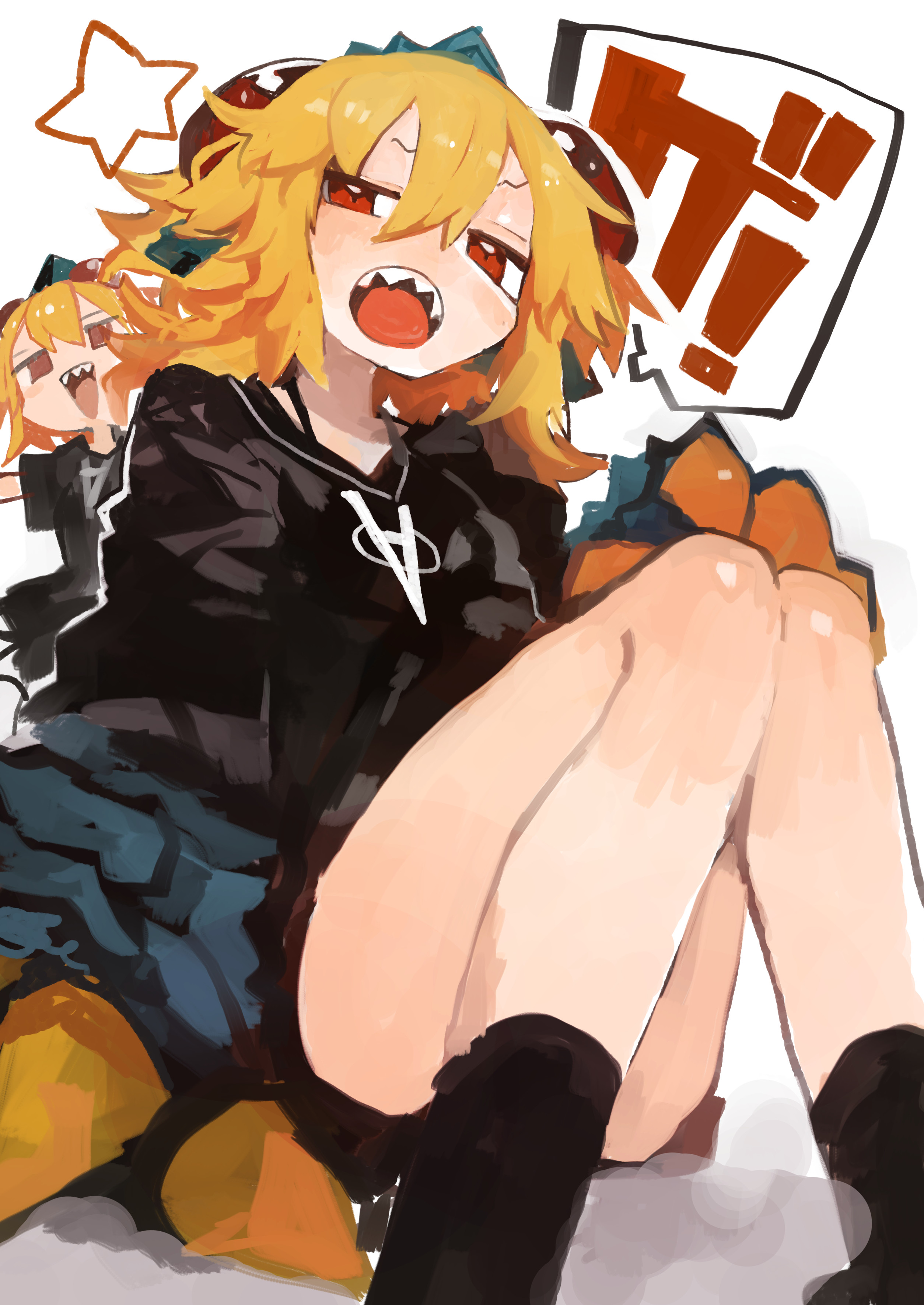 kaamin (mariarose753), tokage (kaamin), original, absurdres, commentary request, highres, translation request, 1girl, black shirt, black shorts, black socks, blonde hair, claws, hair between eyes, medium hair, multiple views, open mouth, red eyes, reptile girl, sharp teeth, shirt, shorts, simple background, sitting, socks, speech bubble, star (symbol), teeth, white background