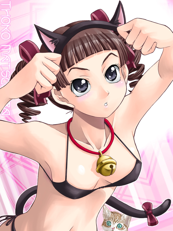 yaso shigeru, matsudaira touko, maria-sama ga miteru, 00s, 1girl, animal ears, bell, bikini, black bikini, bow, cat ears, cat tail, female focus, jingle bell, side-tie bikini bottom, solo, swimsuit, tail, tail bow, tail ornament