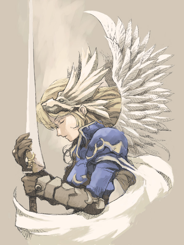 pota, pota (nabrinko), 1girl, blonde hair, closed eyes, female focus, solo, sword, valkyrie, weapon, wings