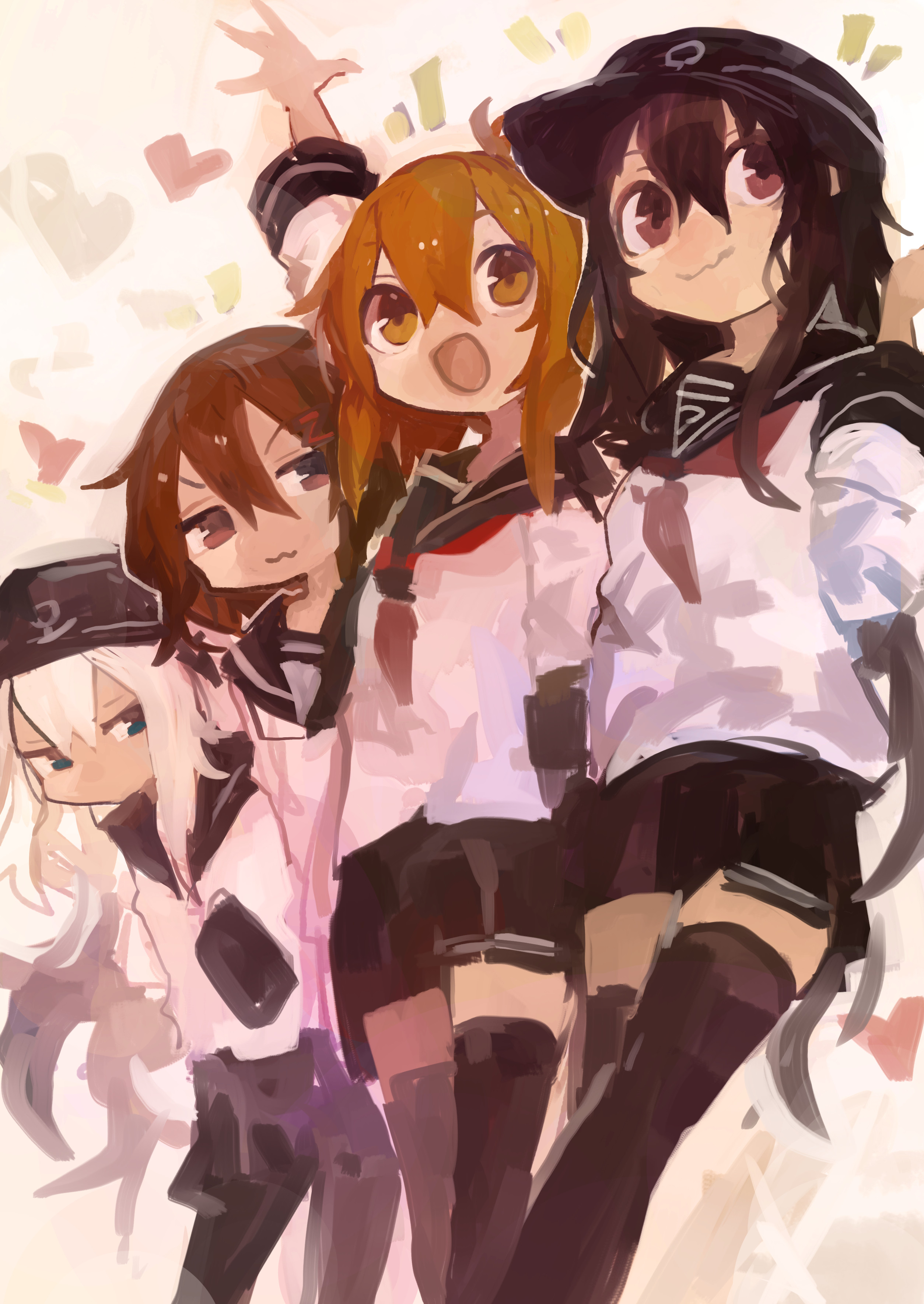 kaamin (mariarose753), akatsuki (kancolle), hibiki (kancolle), ikazuchi (kancolle), inazuma (kancolle), kantai collection, absurdres, commentary request, highres, 4girls, :3, arm up, black hair, black hat, black pantyhose, black thighhighs, brown eyes, brown hair, folded ponytail, hair ornament, hairclip, hat, heart, long hair, multiple girls, neckerchief, open mouth, pantyhose, red neckerchief, sailor collar, school uniform, serafuku, simple background, thighhighs, wavy mouth, white hair