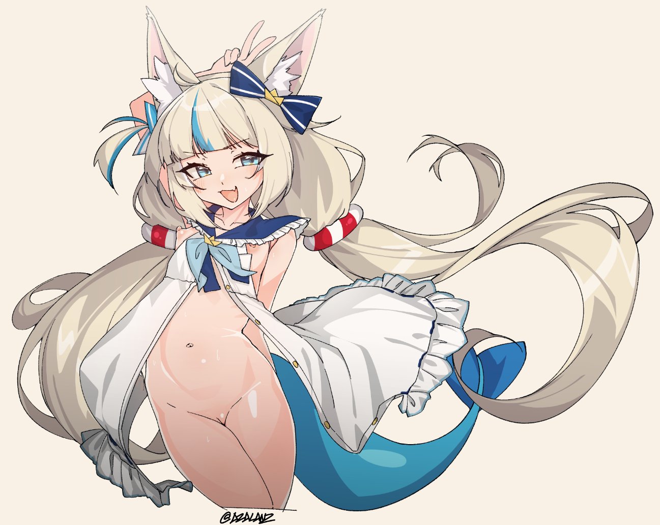 tilt-shift (azalanz), sameko saba, indie virtual youtuber, 1girl, animal ears, bikini, blonde hair, blue hair, bottomless, cat ears, cat girl, cowboy western, fins, fish tail, flat chest, multicolored hair, sailor bikini, sailor collar, shot, simple background, solo, streaked hair, swimsuit, tail, two-tone hair, virtual youtuber, white background