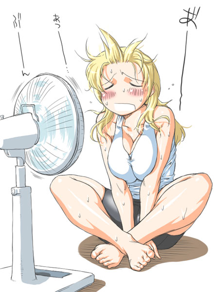 jon shicchiou, miyako (hidamari sketch), hidamari sketch, 00s, 1girl, barefoot, bike shorts, blonde hair, breasts, breasts squeezed together, cleavage, closed eyes, electric fan, fanning face, fanning self, feet, female focus, large breasts, long hair, shorts, sitting, solo, spandex, sweat, talking into fan
