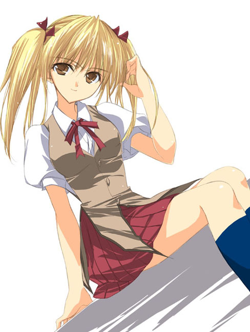 kobayashi chisato, sawachika eri, school rumble, 00s, 1girl, arm up, blonde hair, brown eyes, buttons, female focus, head tilt, kneehighs, long hair, looking at viewer, puffy short sleeves, puffy sleeves, red skirt, ribbon, school uniform, short sleeves, simple background, sitting, skirt, sleeveless, socks, solo, vest, white background