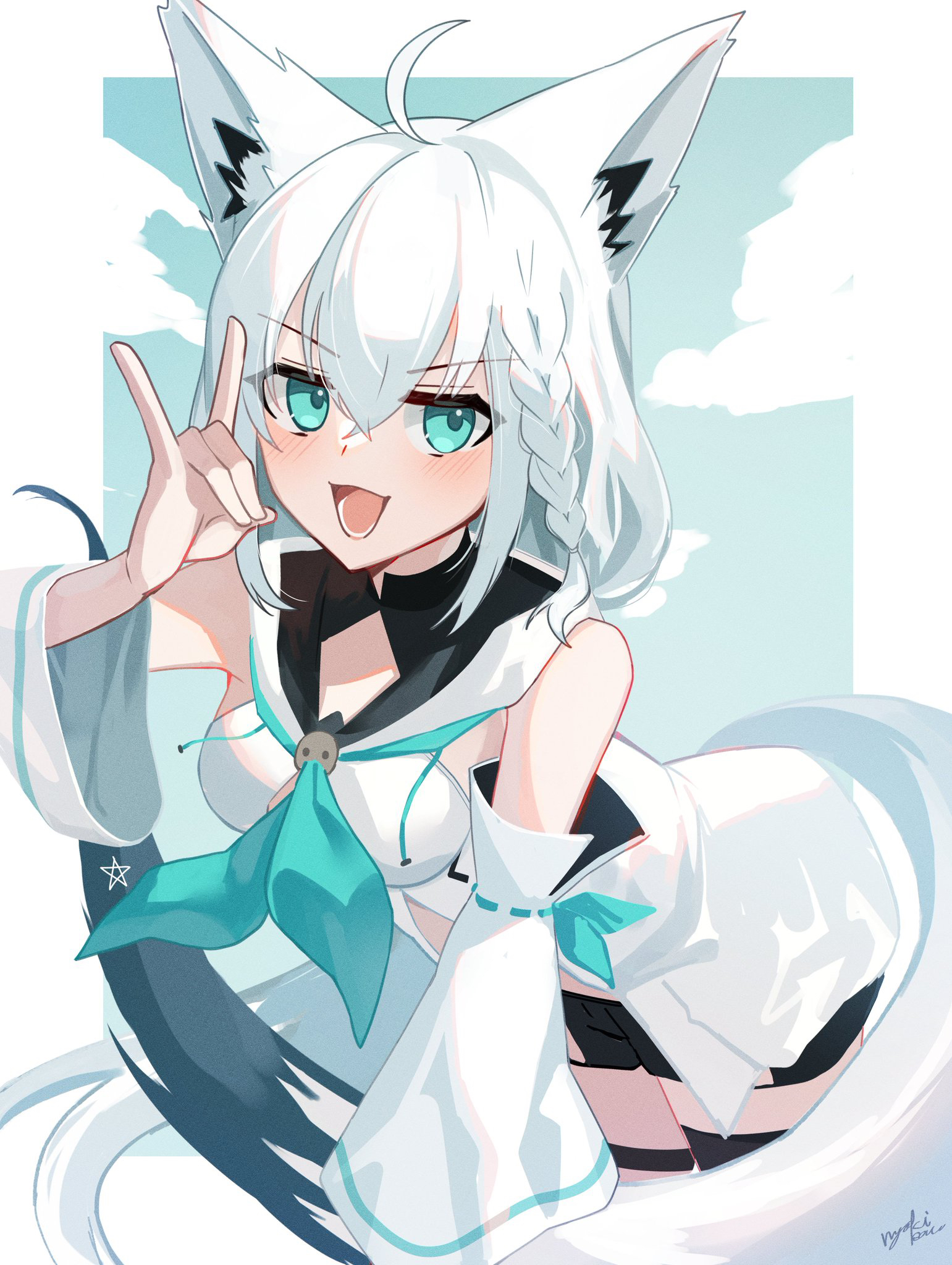 nyokisan, shirakami fubuki, shirakami fubuki (1st costume), hololive, highres, 1girl, ahoge, animal ear fluff, animal ears, aqua eyes, aqua neckerchief, black shorts, blush, braid, breasts, detached sleeves, fox ears, fox girl, fox shadow puppet, fox tail, hair between eyes, long hair, long sleeves, looking at viewer, medium breasts, neckerchief, open mouth, pentagram, shirt, short shorts, shorts, side braid, sleeveless, sleeveless shirt, smile, solo, tail, very long hair, virtual youtuber, white hair, wide sleeves