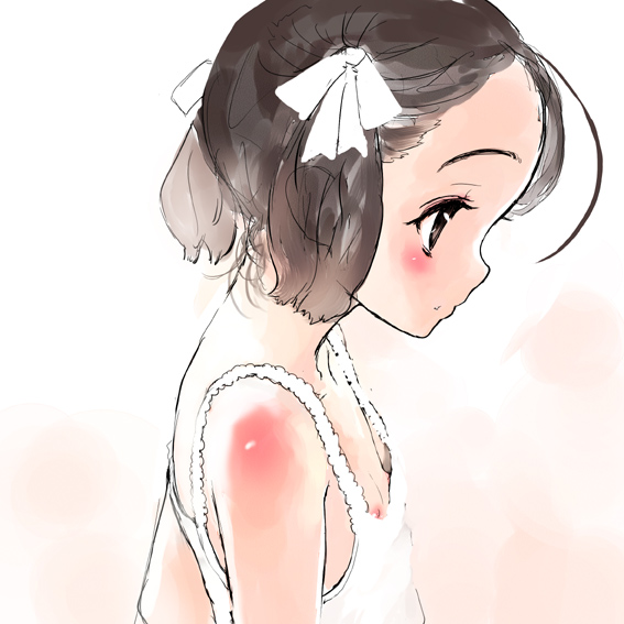 sasahara yuuki, original, 1girl, blush, brown hair, camisole, downblouse, female focus, flat chest, loli, nipple slip, nipples, no bra, solo, twintails, upper body