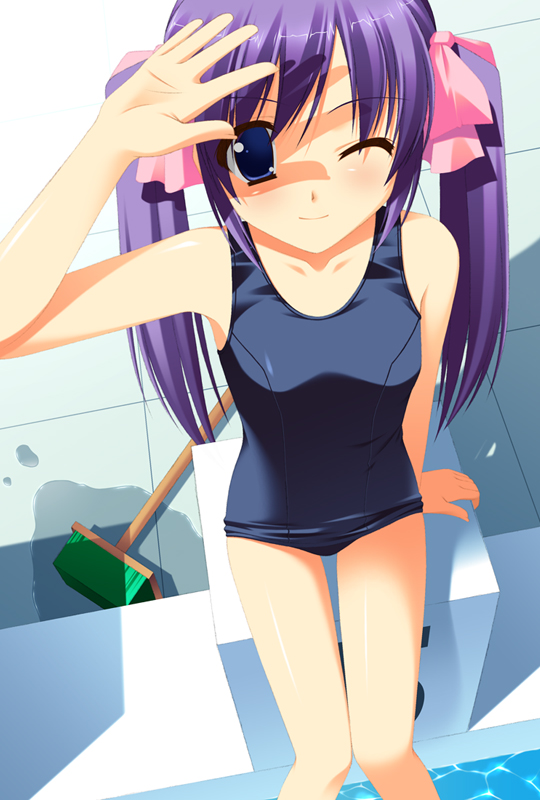 gaou (babel), original, 1girl, blue eyes, broom, day, female focus, from above, long hair, one-piece swimsuit, one eye closed, pool, poolside, purple hair, school swimsuit, shading eyes, sitting, solo, swimsuit, twintails