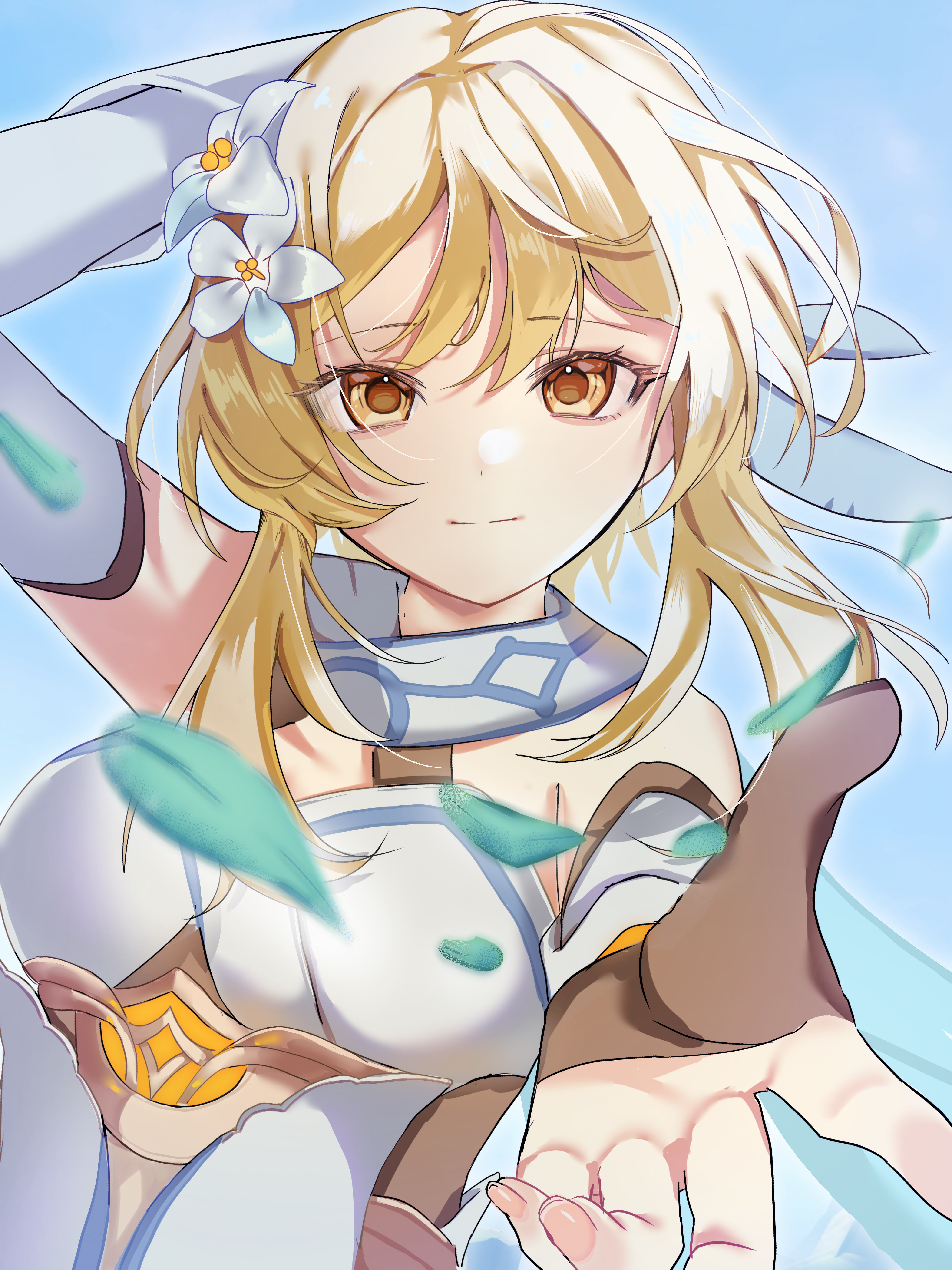 cocoa mouse47, lumine (genshin impact), genshin impact, absurdres, highres, 1girl, arm up, blonde hair, breasts, closed mouth, dress, flower, gloves, hair between eyes, hair flower, hair ornament, long hair, looking at viewer, medium breasts, medium hair, partially fingerless gloves, reaching, reaching towards viewer, sleeveless, sleeveless dress, smile, solo, white dress, white flower, yellow eyes