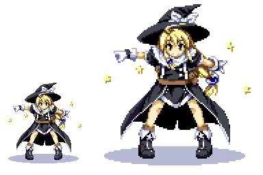 yuuki eishi, kirisame marisa, touhou, black footwear, lowres, 1girl, belt, black dress, black hat, blonde hair, boots, bow, brown eyes, dress, female focus, gloves, hat, hat bow, legs apart, long hair, looking at viewer, low-tied long hair, multiple views, orb, outstretched arms, pixel art, smile, standing, star (symbol), variations, white background, white bow, white gloves, witch hat