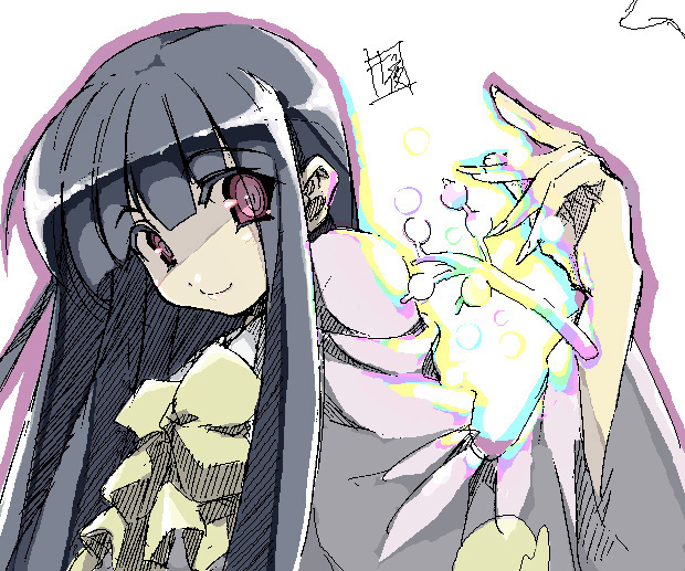 tooya, touya (the-moon), houraisan kaguya, touhou, 1girl, arm up, black hair, blunt bangs, branch, eyes visible through hair, female focus, fingernails, hime cut, jeweled branch of hourai, long fingernails, oekaki, outline, purple eyes, purple hair, purple outline, purple theme, simple background, smile, solo, upper body, white background, wide sleeves