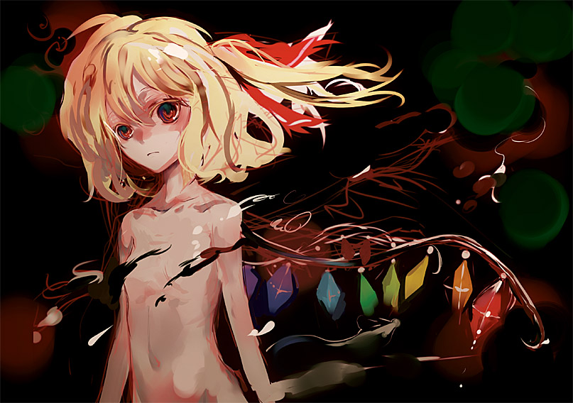 nokishita, flandre scarlet, touhou, 1girl, blonde hair, completely nude, female focus, flat chest, groin, hair between eyes, loli, nude, solo, wings