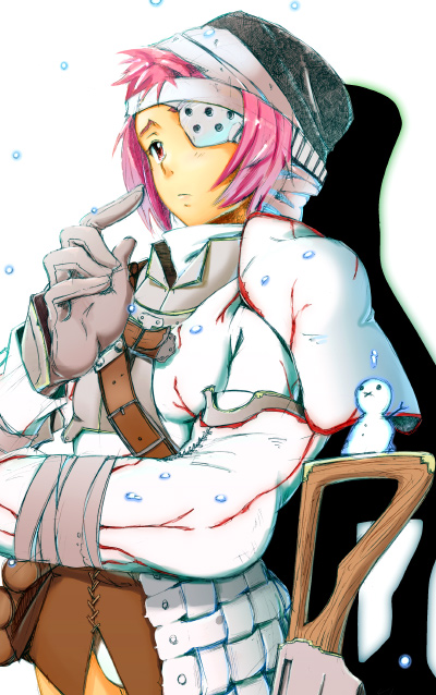 yukari (konekonekozou), khezu, capcom, monster hunter (series), 1girl, androgynous, belt, expressionless, eyepatch, female focus, hat, khezu (armor), konekonekozou, long sleeves, pink hair, red eyes, short hair, simple background, sitting, snow, snowing, snowman, solo, white background