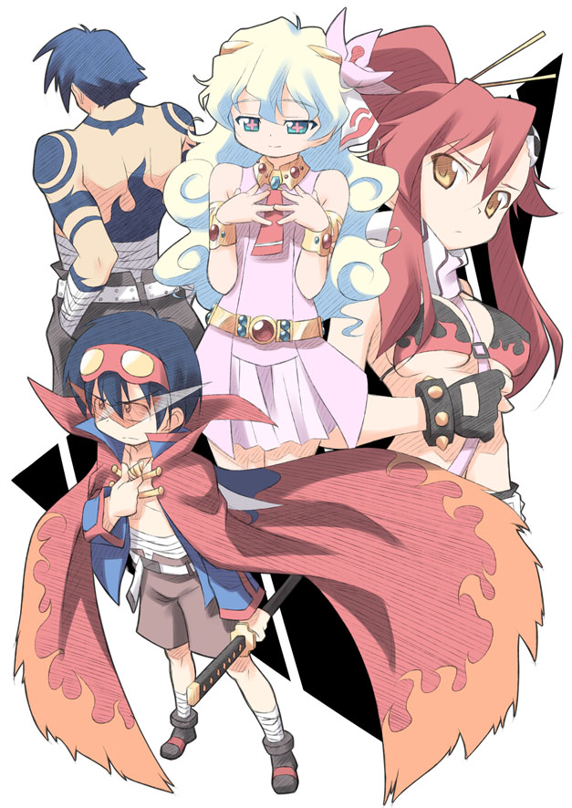 kagura yuuki, kamina (ttgl), nia teppelin, simon (ttgl), yoko littner, tengen toppa gurren lagann, 00s, 2boys, 2girls, aged down, ascot, back, bandages, belt, bikini, bikini top only, blue hair, boots, breasts, child, cloak, fingerless gloves, gloves, goggles, goggles on head, green hair, holding, katana, long hair, looking at viewer, looking down, multiple boys, multiple girls, ponytail, red hair, sarashi, serious, sheath, sheathed, shirt, short hair, shorts, skirt, sleeveless, sleeveless shirt, small breasts, smile, standing, swimsuit, sword, symbol-shaped pupils, tattoo, very long hair, wavy hair, weapon, yellow eyes