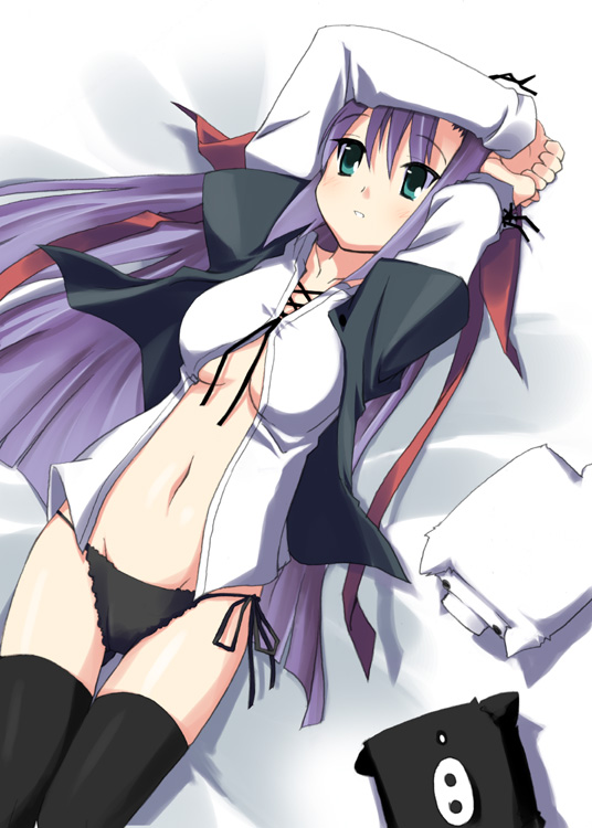 mizoguchi keiji, ginga nakajima, lyrical nanoha, mahou shoujo lyrical nanoha, mahou shoujo lyrical nanoha strikers, 00s, 1girl, black thighhighs, blush, female focus, green eyes, long hair, lying, navel, on back, open clothes, open shirt, panties, purple hair, shirt, side-tie panties, solo, thighhighs, underwear