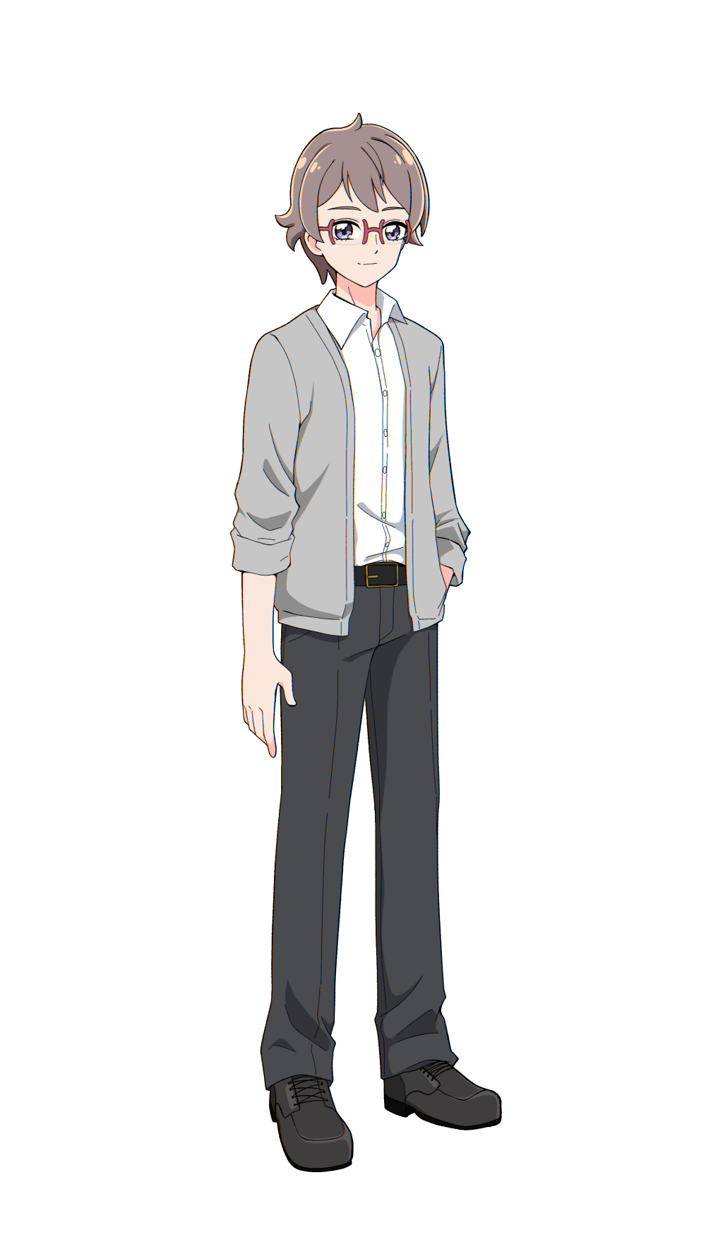 @est@, toyama satoru, precure, wonderful precure!, commentary, highres, 1boy, aged up, arm at side, belt, black belt, black pants, black shoes, brown hair, buttons, closed mouth, collared shirt, dress shirt, dress shoes, full body, glasses, grey jacket, hand in pocket, jacket, legs apart, looking at viewer, male focus, open clothes, open jacket, pants, purple eyes, red-framed eyewear, shirt, shoes, short hair, sleeves rolled up, smile, solo, split mouth, standing, transparent background, white shirt