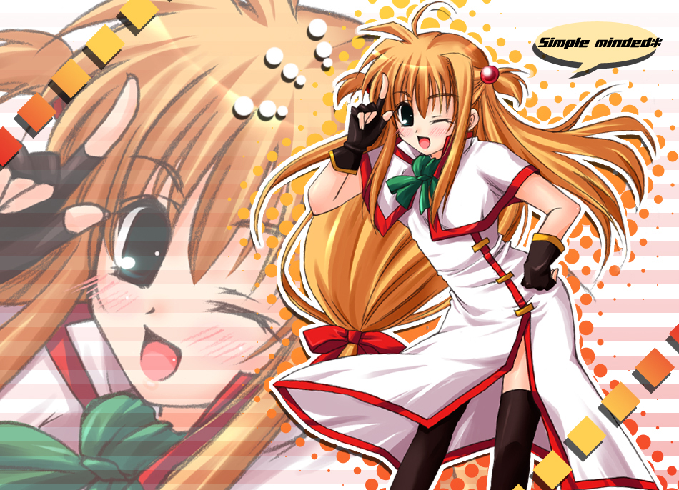 hayashi sakura, arisa bunnings, burning arisa, lyrical nanoha, mahou shoujo lyrical nanoha, 00s, 1girl, blonde hair, fingerless gloves, gloves, magical girl, one eye closed, thighhighs, zoom layer