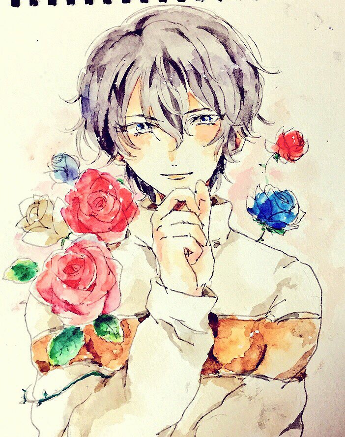 mizuki hajime, tennis no ouji-sama, painting (medium), traditional media, watercolor (medium), 1boy, blue eyes, blue flower, blue rose, blush, finger to own chin, flower, hair between eyes, hand up, jacket, light smile, long sleeves, looking at viewer, male focus, narrowed eyes, parted bangs, purple hair, red flower, red rose, rose, short hair, solo, suiku15, track jacket, upper body, wavy hair, white background, white flower, white jacket, white rose