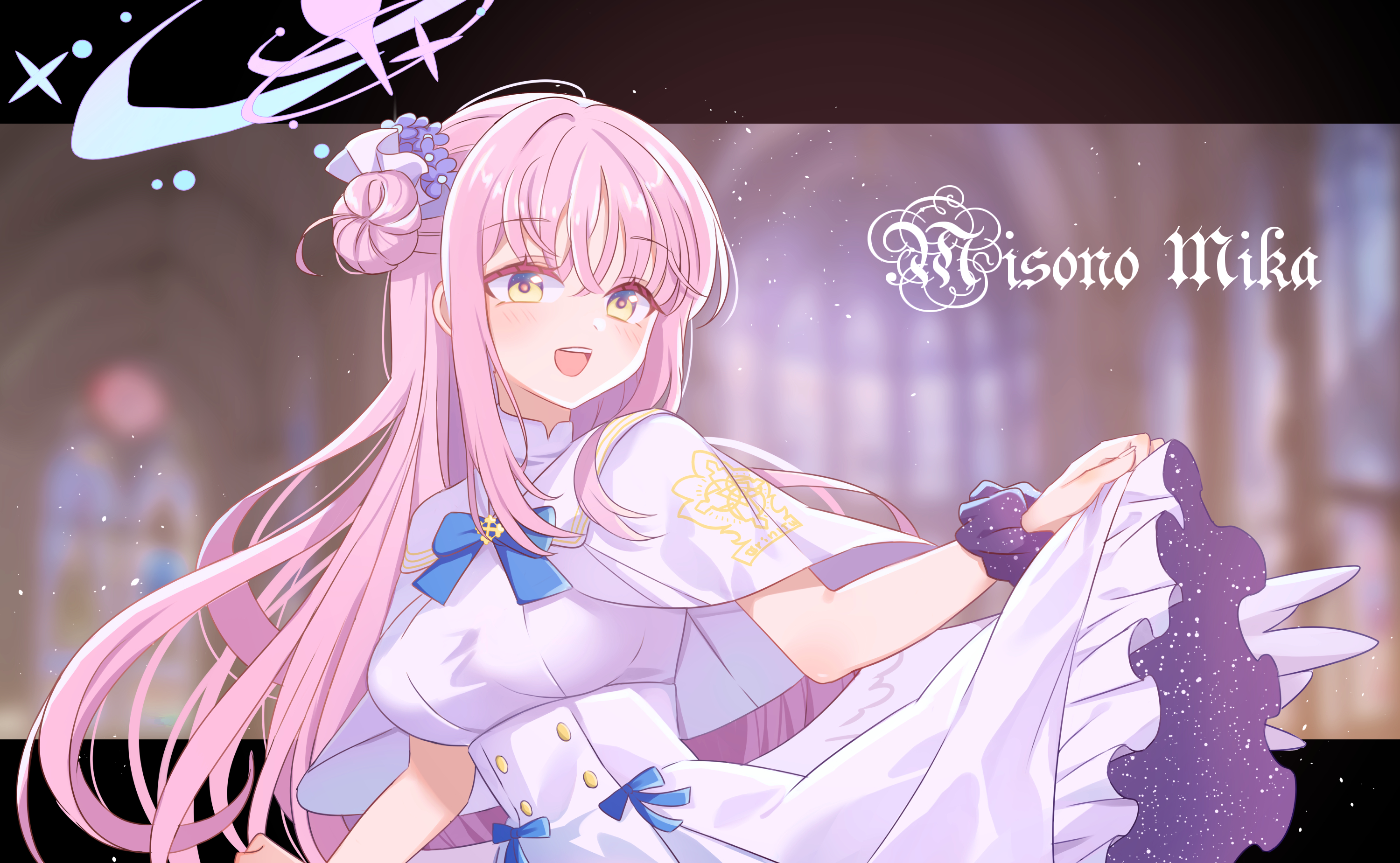 wei qian mo he, mika (blue archive), blue archive, highres, 1girl, blue bow, blue bowtie, blush, bow, bowtie, breasts, buttons, capelet, character name, clothes lift, double-breasted, dress, dress lift, flower, hair bun, hair flower, hair ornament, halo, lifting own clothes, long hair, medium breasts, open mouth, pink hair, pink halo, scrunchie, single hair bun, single side bun, smile, solo, very long hair, white capelet, white dress, wrist scrunchie, yellow eyes