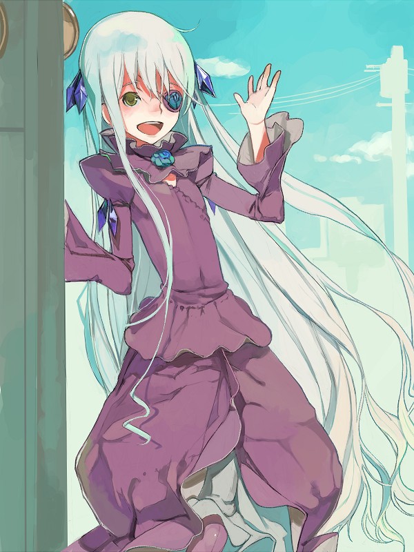 fakepucco, barasuishou, rozen maiden, 00s, 1girl, :d, cloud, cloudy sky, crystal, day, dress, eyepatch, female focus, hair ornament, long hair, long sleeves, looking at viewer, open mouth, purple dress, sky, smile, solo, very long hair, waving, white hair, yellow eyes