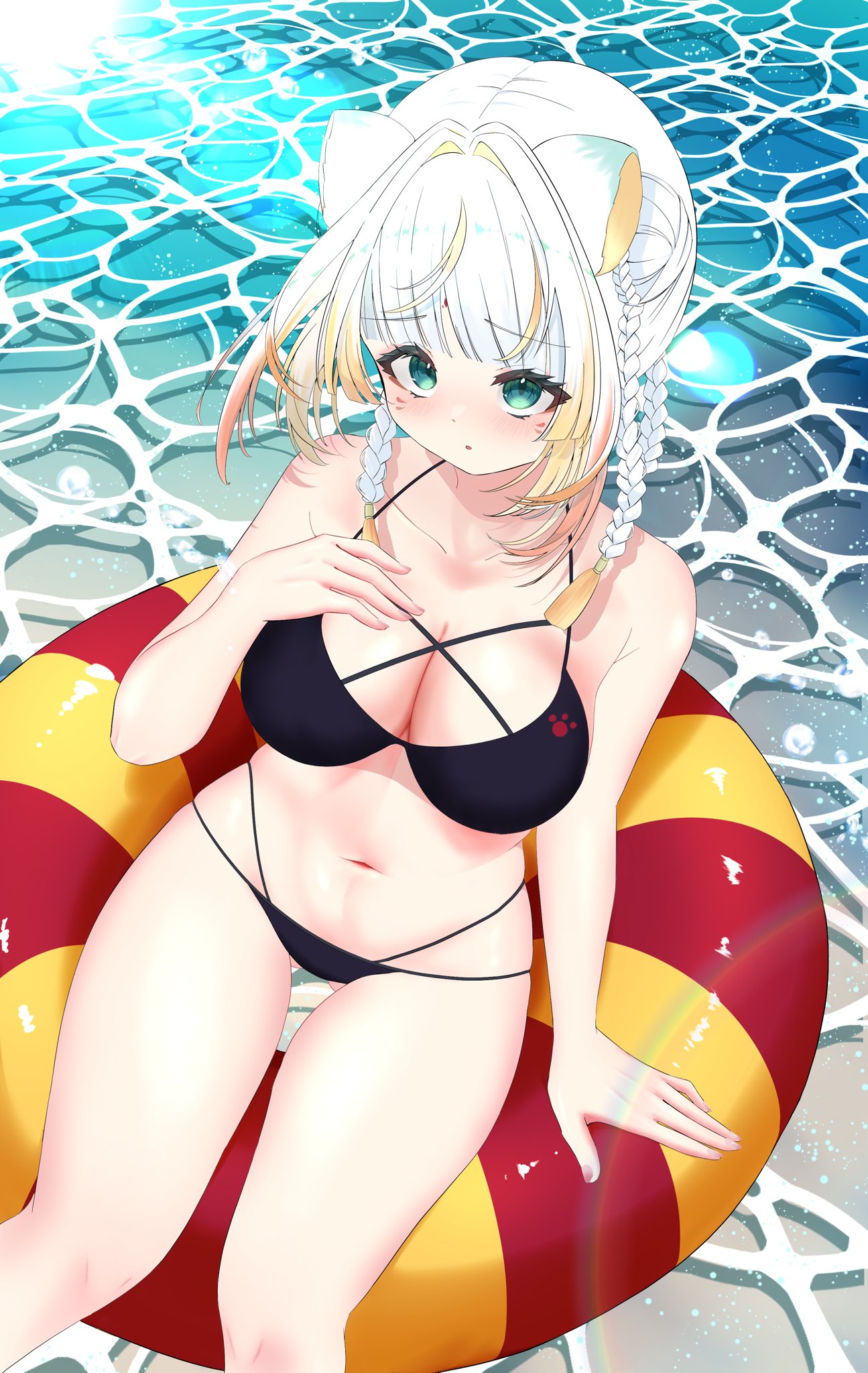 taiga toragami, animal ears, bikini, black bikini, blue eyes, swimsuit, tiger ears, white hair