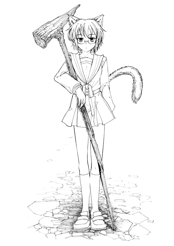 morisoban, nagato yuki, suzumiya haruhi no yuuutsu, 00s, animal ears, cat ears, greyscale, monochrome, school uniform, serafuku, solo