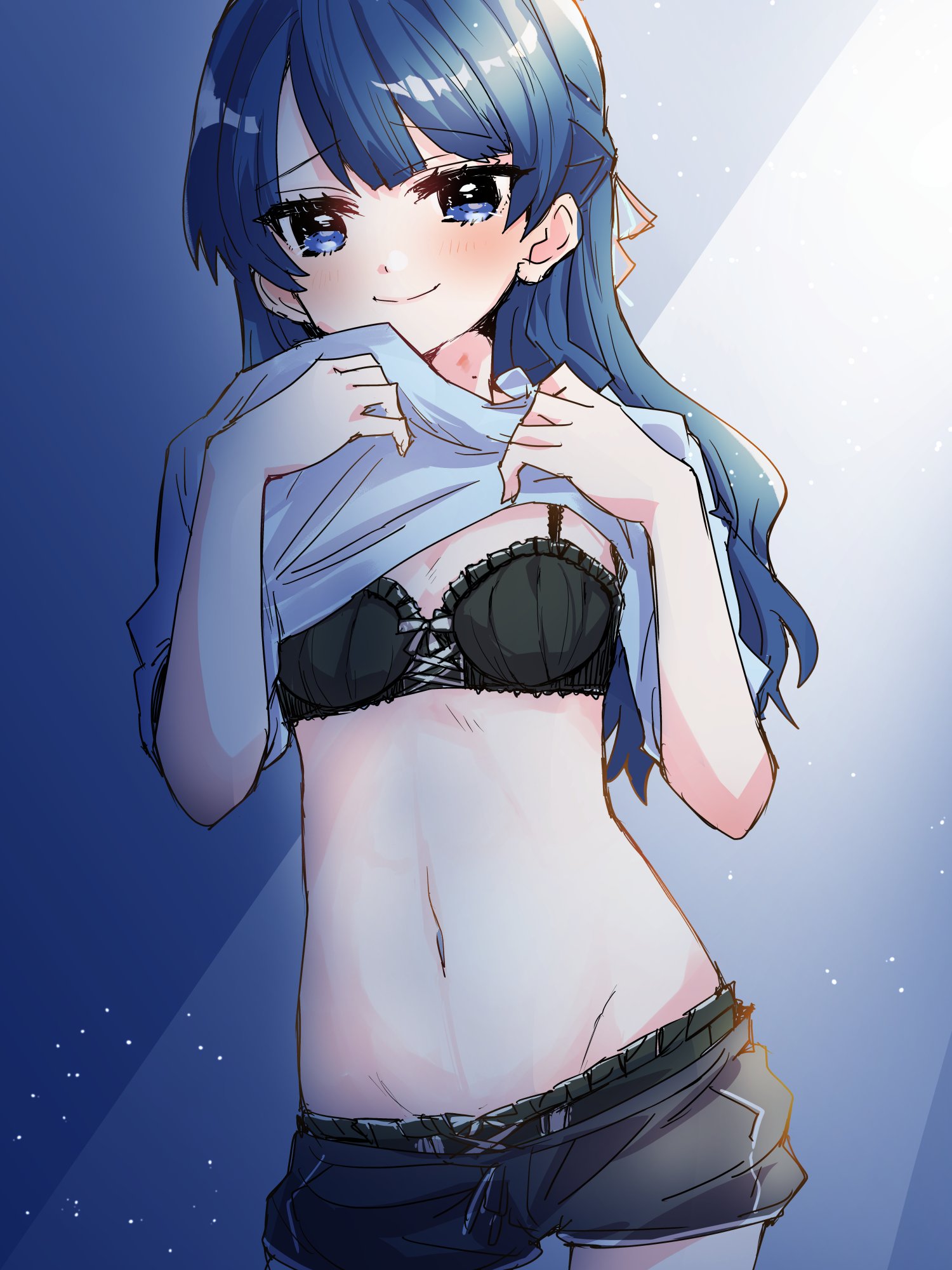 kanduki kamibukuro, murano sayaka, link! like! love live!, love live!, commentary request, highres, 1girl, black bra, black panties, black shorts, blue background, blue shirt, blush, bra, breasts, closed mouth, clothes lift, clothes pull, cowboy shot, frilled bra, frilled panties, frills, gradient background, groin, hickey, lifting own clothes, light particles, linea alba, lingerie, looking at viewer, mole, mole on neck, navel, panties, raised inner eyebrows, shirt, shirt lift, short shorts, shorts, shorts pull, small breasts, smile, split mouth, stomach, underwear, virtual youtuber