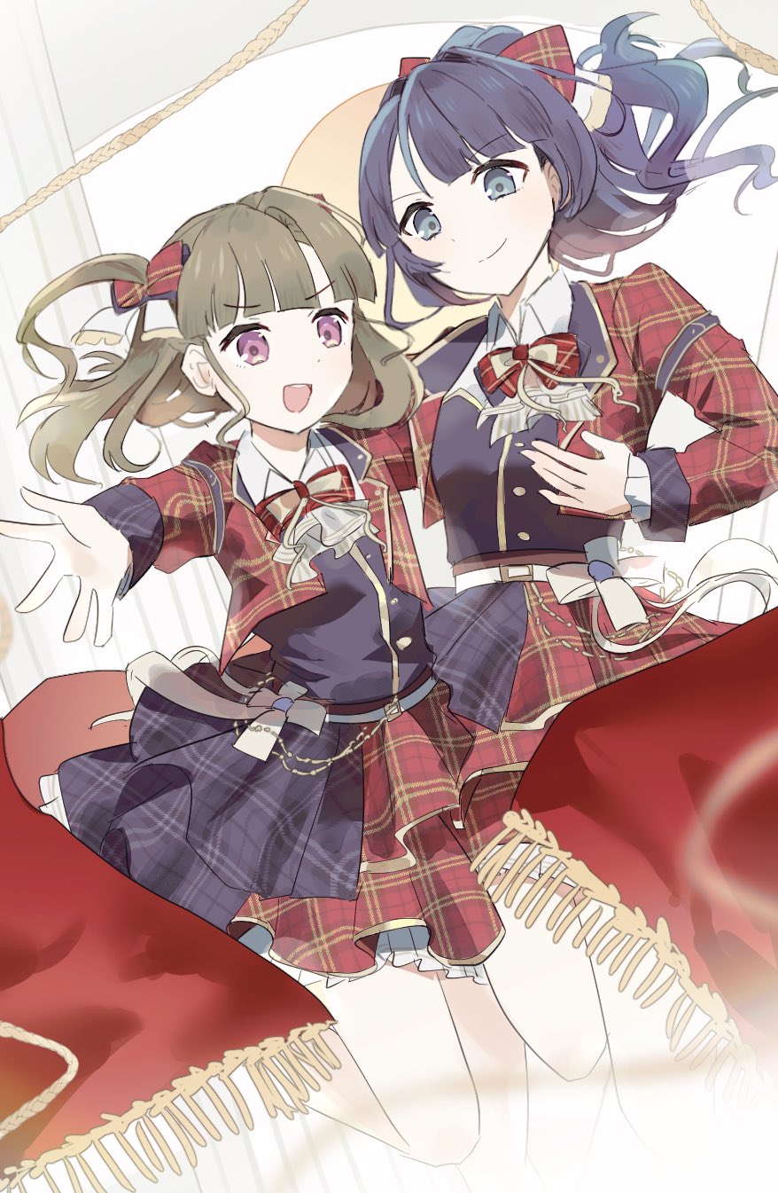 churhami, kachimachi kosuzu, murano sayaka, link! like! love live!, love live!, highres, 2girls, :d, ascot, black vest, blazer, blue eyes, blue hair, bow, brown hair, closed mouth, collared shirt, frilled skirt, frills, hair bow, jacket, jumping, long hair, long sleeves, looking at viewer, miniskirt, multiple girls, official alternate costume, open clothes, open jacket, open mouth, outstretched arms, pink eyes, plaid bow, plaid clothes, plaid jacket, plaid skirt, red bow, red jacket, red skirt, shirt, skirt, smile, split mouth, taiyou de are!, two side up, vest, virtual youtuber, white ascot, white shirt