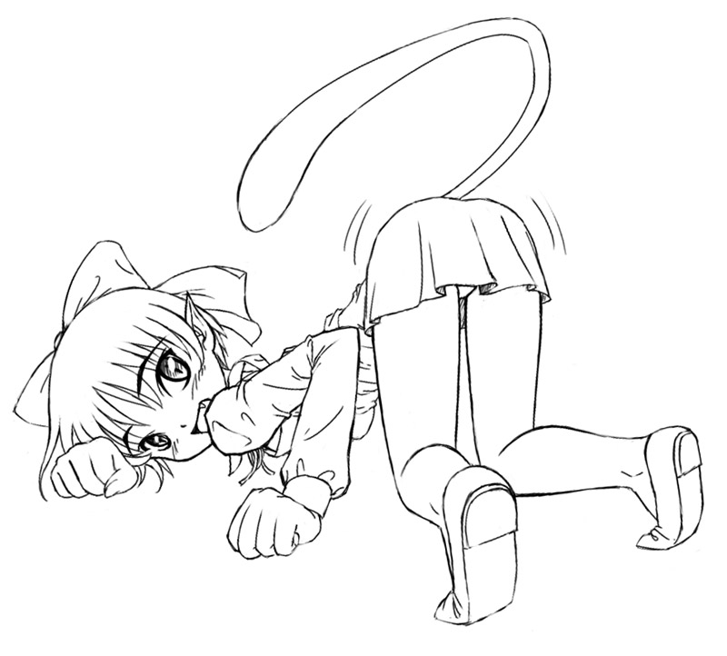 himadarou, nekomusume, chokotto sister, gegege no kitarou, toei company, 1girl, fang, female focus, full body, greyscale, monochrome, pointy ears, solo, tail, top-down bottom-up