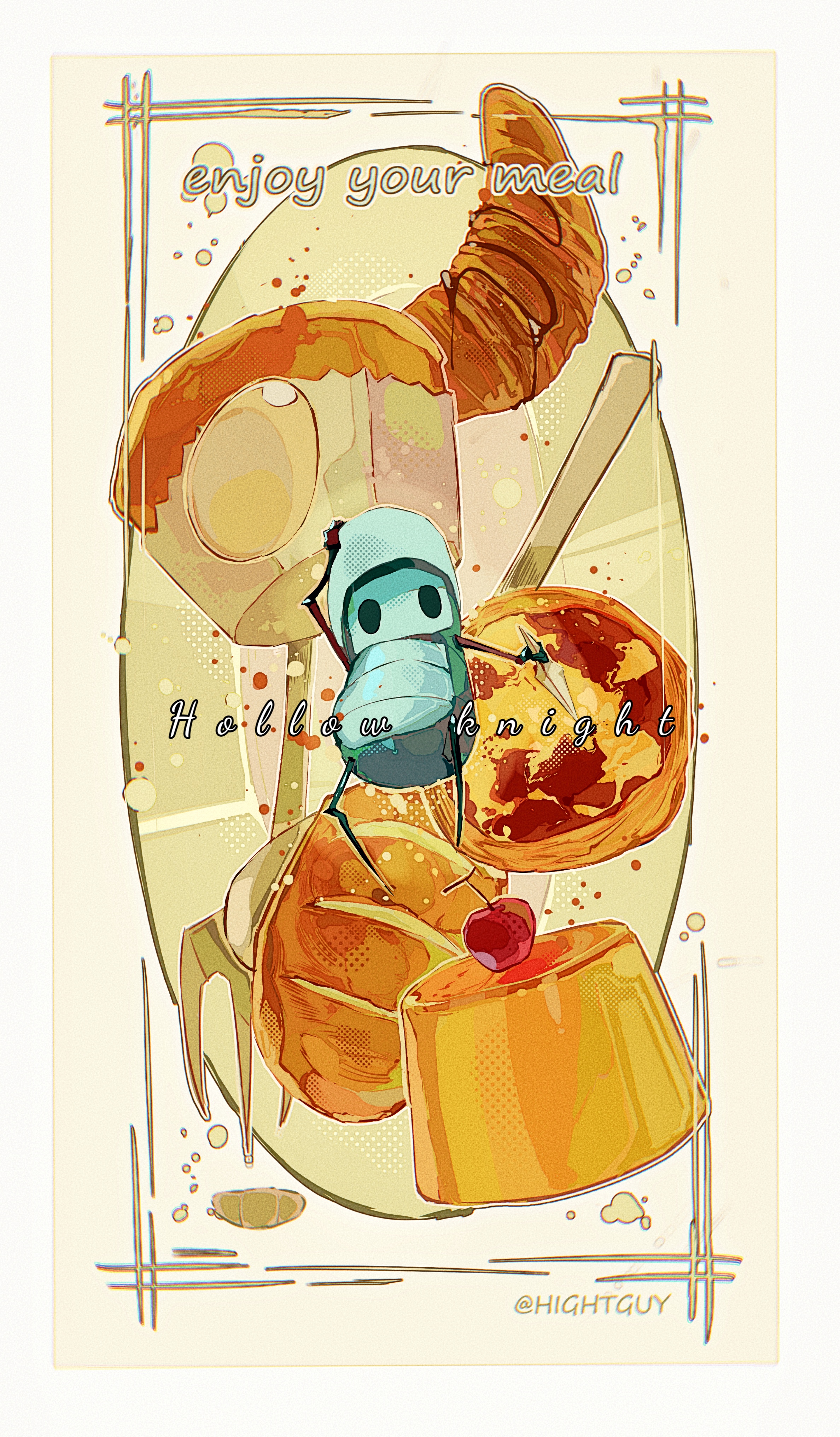 hightguy, hollow knight, absurdres, character request, chinese commentary, commentary request, gender request, highres, adjusting eyewear, arm up, artist name, baguette, border, bread, cherry, chromatic aberration, croissant, english text, film grain, food, food focus, fork, fruit, full body, halftone, hat, holding, hollow eyes, inset border, no mouth, outline, pudding, simple background, solo, spoon, white border, white hat, yellow background, yellow outline