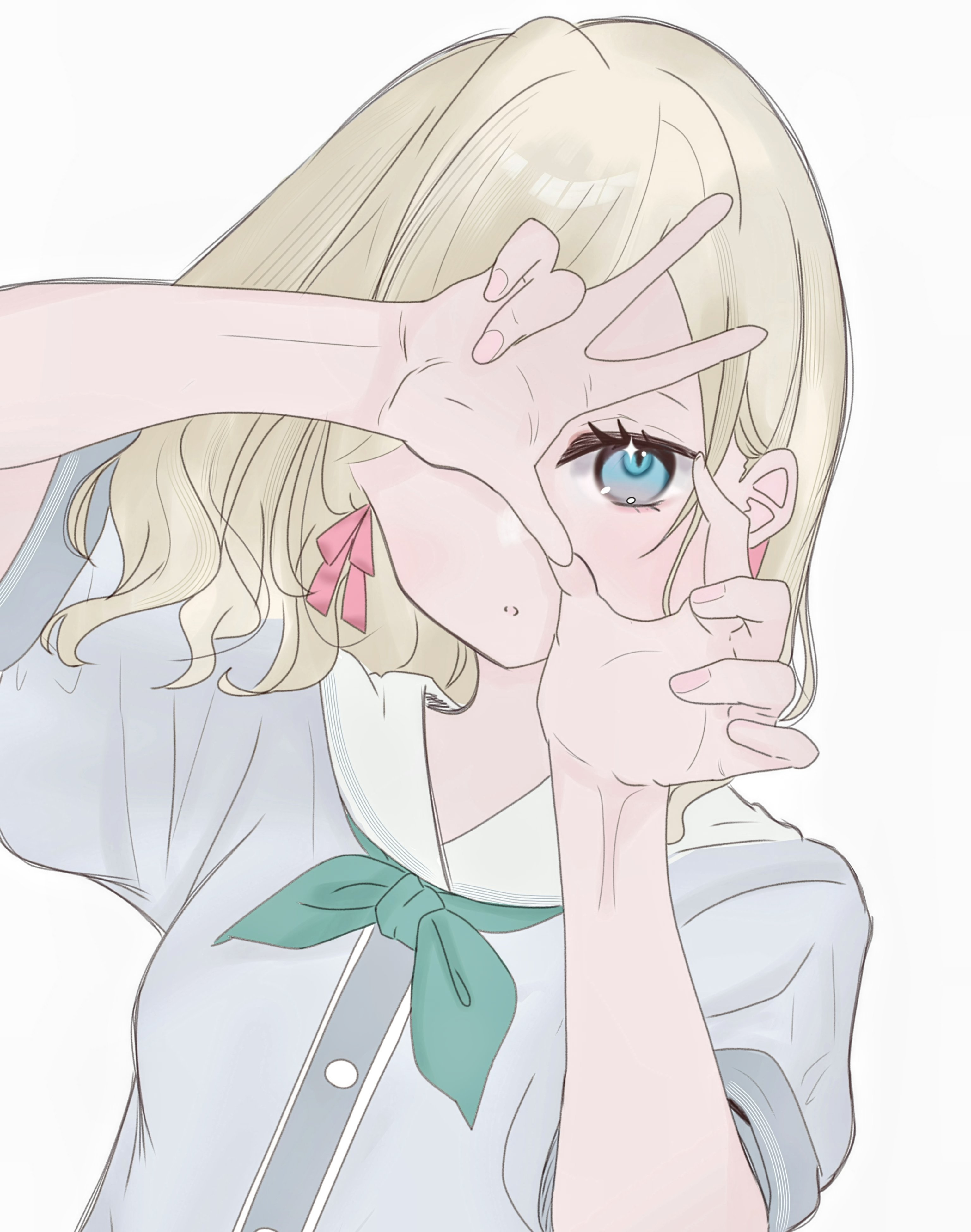 ceras yanagida lilienfeld, link! like! love live!, love live!, absurdres, commentary, highres, 1girl, blue eyes, curled fingers, dress, green neckerchief, grey dress, grey hair, hair ribbon, hand over eye, hasu no sora school uniform, long hair, looking at viewer, melty 166cm, neckerchief, parted lips, pink ribbon, ribbon, sailor collar, sailor dress, school uniform, short sleeves, simple background, solo, summer uniform, upper body, virtual youtuber, w, white background, white sailor collar