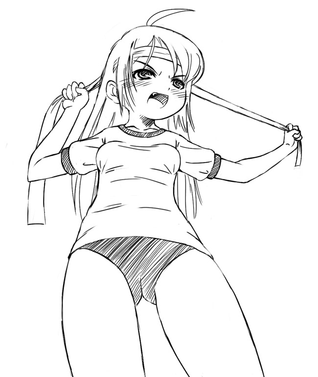 himadarou, tagme, 1girl, buruma, cowboy shot, female focus, greyscale, gym uniform, monochrome, solo