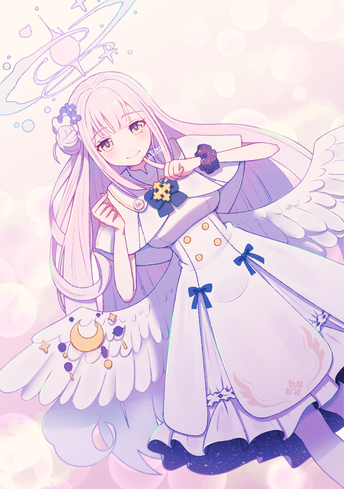 mika (blue archive), blue archive, highres, 1girl, angel wings, blue bow, blush, bow, breasts, closed mouth, dress, feathered wings, finger heart, flower, gold trim, hair bun, hair flower, hair ornament, halo, high-waist skirt, index finger raised, klnk, long hair, looking at viewer, low wings, medium breasts, pink eyes, scrunchie, single hair bun, single side bun, skirt, smile, solo, underbust, very long hair, white dress, white overskirt, white wings, wing ornament, wings, wrist scrunchie, yellow eyes