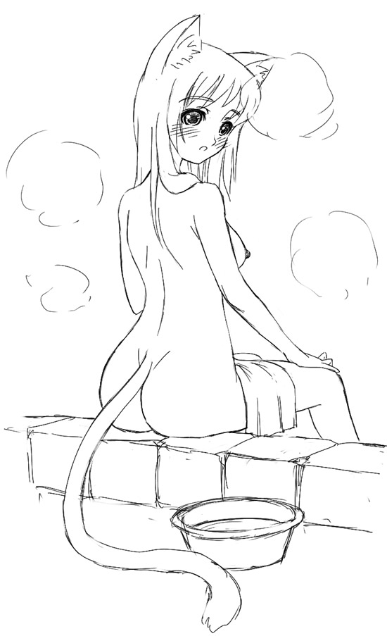 himadarou, animal ears, bath, cat ears, cat tail, greyscale, monochrome, nipples, nude, solo, tail