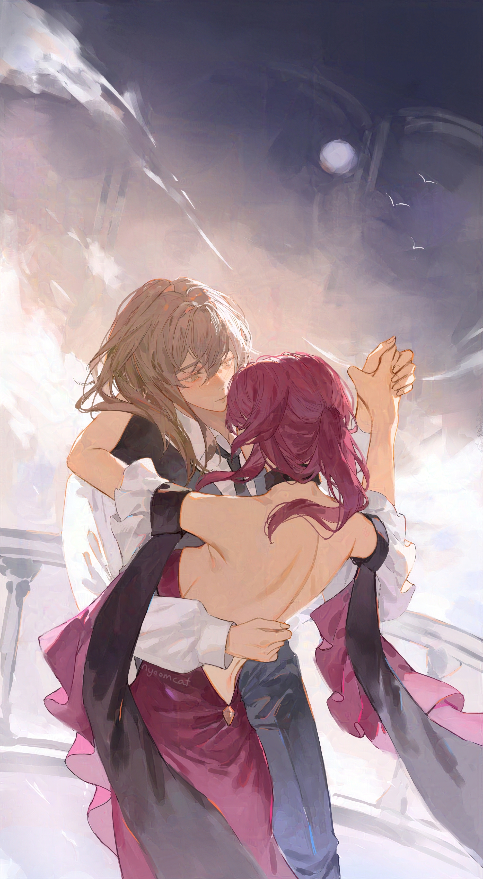 nyoomcat, kafka (honkai: star rail), stelle (honkai: star rail), trailblazer (honkai: star rail), honkai: star rail, honkai (series), absurdres, highres, 2girls, arm around neck, arm behind another's back, ballroom dancing, bird, black necktie, black pants, black suit, blush, closed mouth, dancing, dress, dress pants, formal clothes, grey eyes, grey hair, holding hands, long hair, multiple girls, necktie, pant suit, pants, ponytail, red dress, red hair, shirt, suit, white shirt, yuri